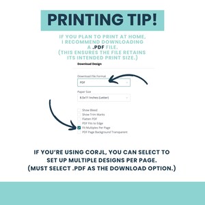 May include: A graphic with printing tips, including the recommendation to download a .PDF file for home printing. It shows options for file format, paper size (8.5x11 inches), and other settings like 'Fit Multiples Per Page'.