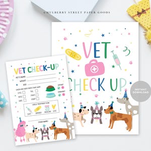Letrero imprimible para chequeo veterinario de fiesta de cachorros, descarga instantánea, hoja de examen de chequeo veterinario, juego de simulación, fiesta de cumpleaños de perro, fiesta de cumpleaños de adopción de mascotas