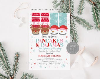 May include: A Christmas party invitation with a red and white striped pattern, a snowman, and reindeer wearing pajamas. The text reads "Join us for a Pancakes & Pajamas Christmas Party".