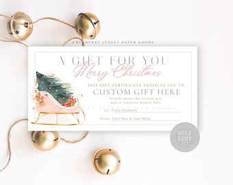 Bewerkbare aangepaste kerstcadeaubon Afdrukbare, aanpasbare cadeaubonsjabloon, personaliseren met Corjl, aangepaste cadeaubon