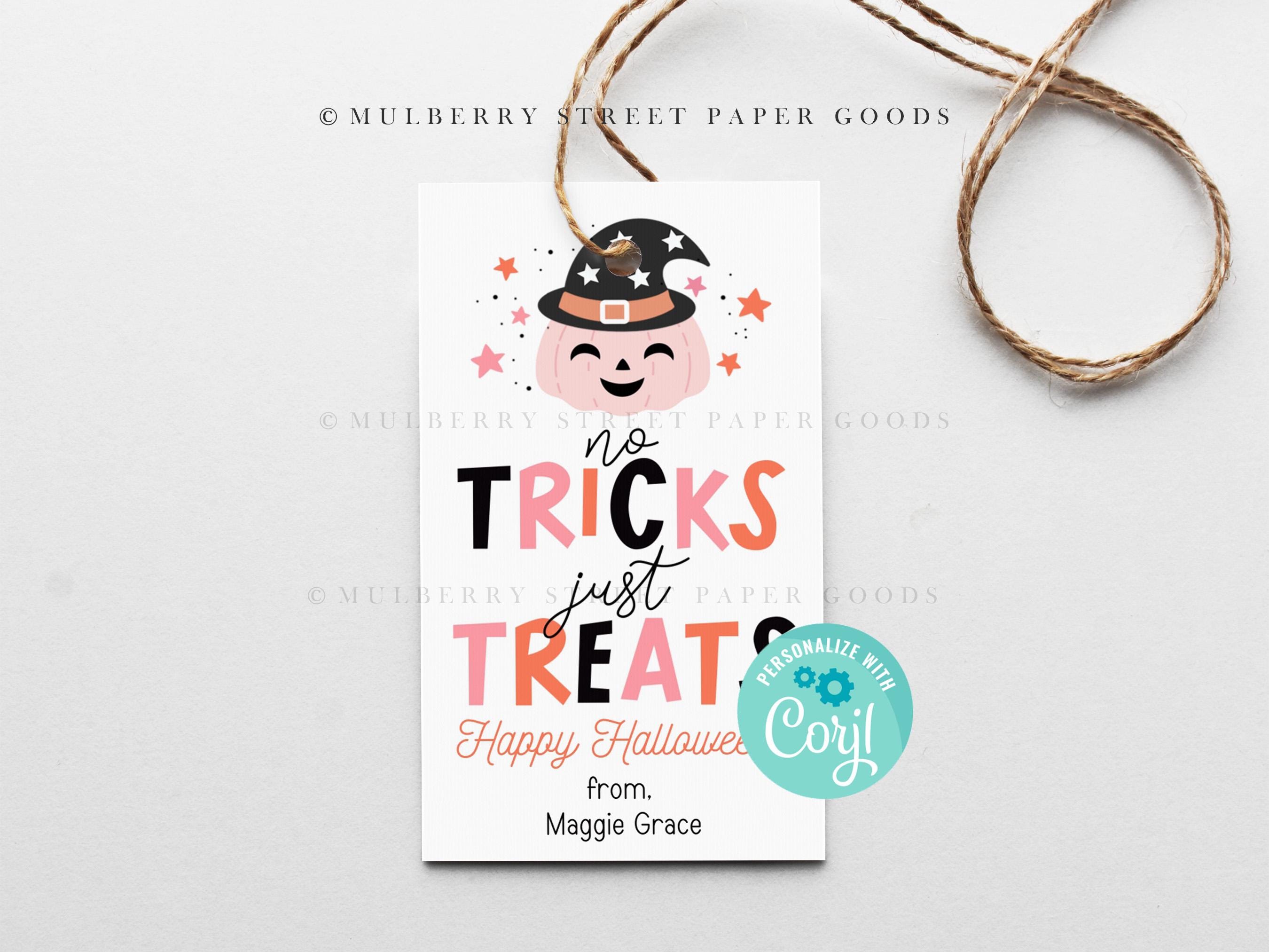 Halloween Printable Gift Tag Pink Halloween No Tricks Just Treats Cute ...