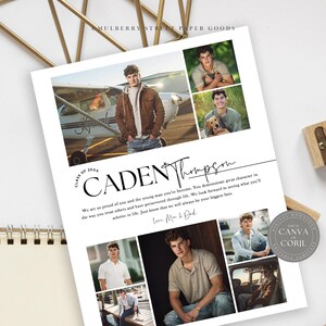 May include: A graduation announcement for Caden Thompson, featuring a collage of photos of him in various settings, including a plane, a field, and a car. The announcement includes the text "Class of 20XX" and a message from his parents.