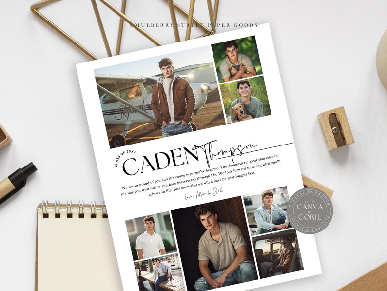 May include: A graduation announcement for Caden Thompson, featuring a collage of photos of him in various settings, including a plane, a field, and a car. The announcement includes the text "Class of 20XX" and a message from his parents.
