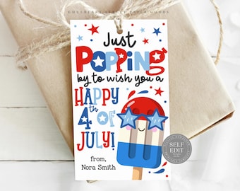 Modello Canva per etichetta regalo del 4 luglio che passa a augurarti un felice 4 luglio. Etichetta regalo stampabile per il 4 luglio. Download digitale dell'etichetta regalo.