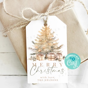 Druckbare frohe Weihnachten Geschenkanhänger, hübsche bearbeitbare Weihnachtsbaummarke, frohe Feiertage DIY Geschenkanhänger, Personalisieren mit Corjl, Gold Geschenkanhänger
