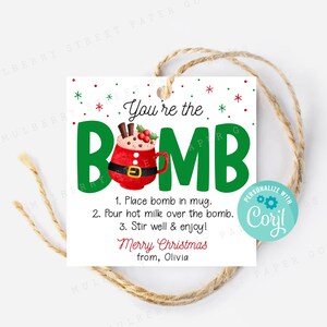 Afdrukbaar instructielabel voor hete cocabom, kerstmanmok hete cacao cadeaulabel, cadeaulabel warme chocolademelk, bewerkbaar met Corjl, Instant Download