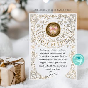 Etiqueta de regalo con el botón perdido de Papá Noel, imprimible, descarga instantánea, editable, carta de Papá Noel, botón perdido, botón de Navidad para niños, Navidad rosa