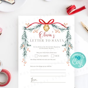 Carta a Papá Noel para imprimir, plantilla editable de carta tradicional navideña para Papá Noel, personaliza con Corjl
