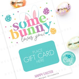 Porta carte regalo di Pasqua stampabile Some Bunny Loves You, carta regalo di Pasqua felice, download immediato stampabile, personalizza con Corjl