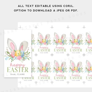 Printable Easter Bunny Gift Tag, All Text Editable Using Corjl, Instant Download Easter Bunny Ears Tag, Easter Party Favor Treat Tag image 2