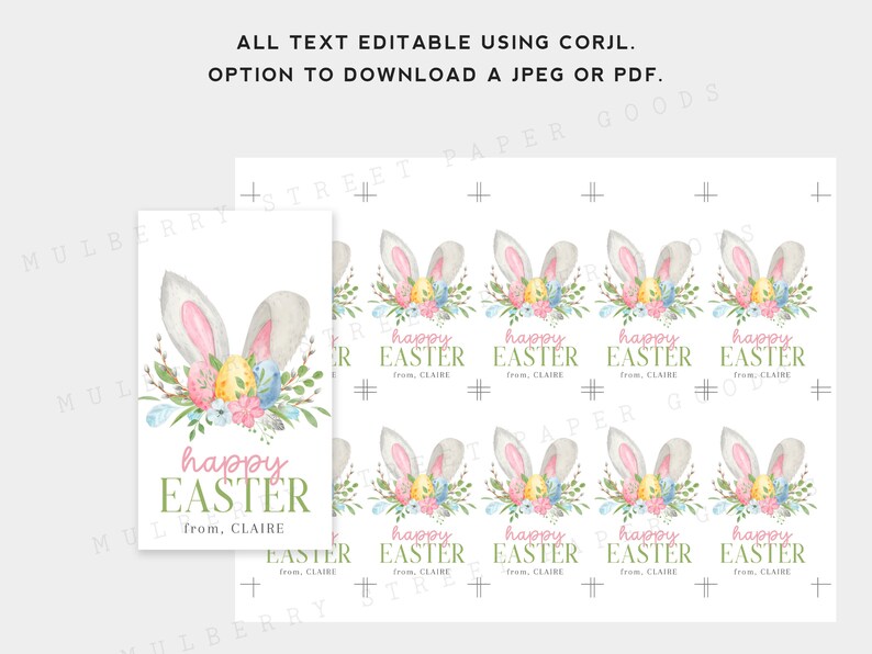 Printable Easter Bunny Gift Tag, All Text Editable Using Corjl, Instant Download Easter Bunny Ears Tag, Easter Party Favor Treat Tag image 2