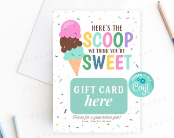 Porta tarjetas de regalo imprimible "Aquí está la primicia", tarjeta de regalo de helado imprimible de descarga instantánea, regalo para maestros y personal, regalo para el último día de clases