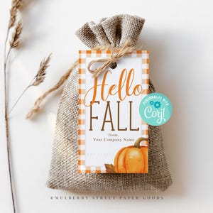 Etiqueta de regalo editable con texto "Hola otoño" Etiqueta de regalo de otoño para imprimir Etiqueta de agradecimiento para profesores, personal de enfermería, cliente Etiqueta de calabaza de otoño Descarga instantánea