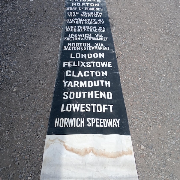 Vintage English bus destination blind London - Essex - Norfolk - Suffolk - Norwich Speedway