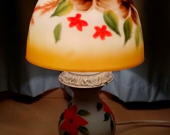 Vintage French table lamp with painted glass shade