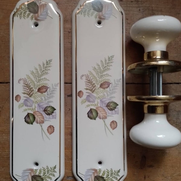 Set of porcelain door finger plates and door knobs