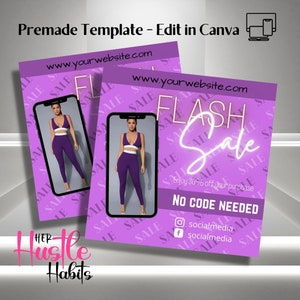 May include: A pink and purple social media graphic with the text "FLASH SALE" in neon pink letters. The graphic features a woman wearing a purple athletic outfit and the text "Enjoy 30% off your purchase. NO CODE NEEDED."  The graphic also includes social media icons for Instagram and Facebook.