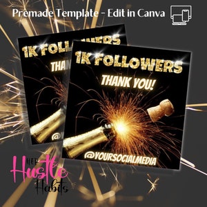 May include: A black and gold graphic with a champagne bottle popping open and sparkling. The text reads "1K FOLLOWERS THANK YOU!" and "@YOURSOCIALMEDIA".