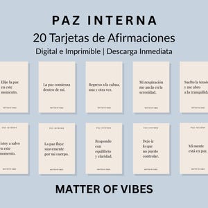 May include: A collection of 20 affirmation cards with the title "PAZ INTERNA" in large text. Each card features a different affirmation in Spanish, with the "Matter of Vibes" logo at the bottom. The cards are designed for digital download.