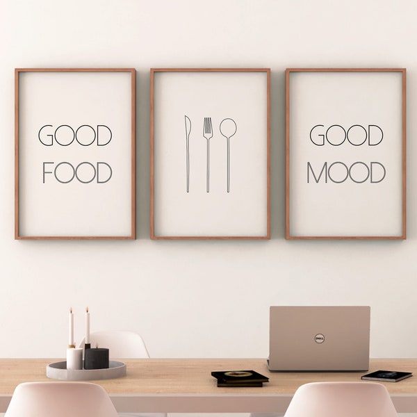 Bonne nourriture, Bonne humeur, Couverts, Affiches avec dictons, Typographie, Set de 3, Cuisine, noir et blanc, moderne, minimaliste