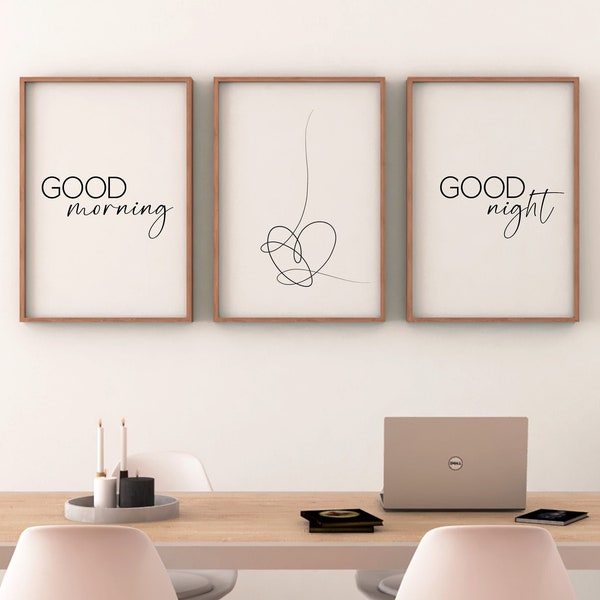 Good Morning, Good Night, Herz, 3er Set Poster, Lineart, schwarz weiß, modern, minimalistisch