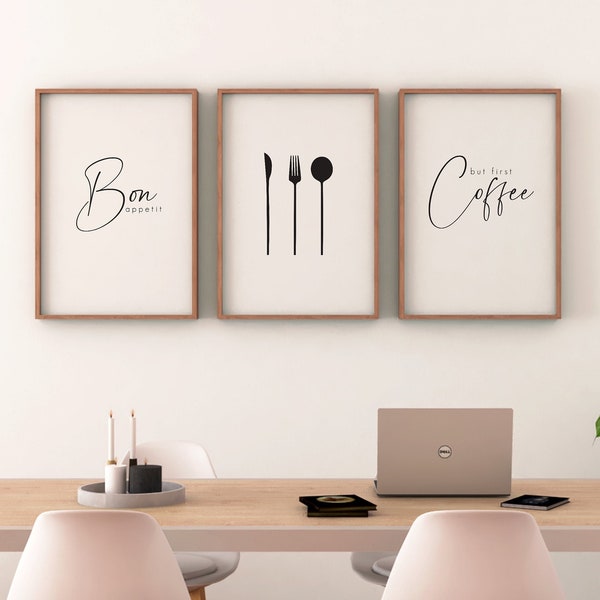 Poster mit Sprüchen, Typografie, 3er Set, Küche, Bon appetit, Besteck, Kaffee, schwarz weiß, modern, minimalistisch