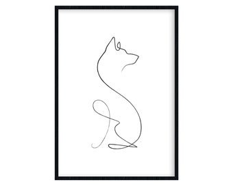 Poster Lineart, Pet, Dog, Oneline Drawing, Black and White, Modern, Minimalist, Digital Print