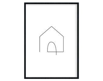 Poster Lineart, Haus, Oneline Drawing, schwarz weiß, modern, minimalistisch, Digitaldruck