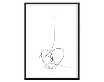 Poster Lineart, Heart, Oneline Drawing, Black & White, Modern, Minimalist, Digital Print