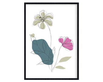 Blumenposter, Botanik, Zeichnung, grün, beige, rosa, lineart, modern, minimalistisch, Digitaldruck