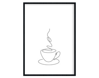 Poster Lineart, Kitchen, Coffee Cup, Oneline Drawing, Black & White, Modern, Minimalist, Digital Print