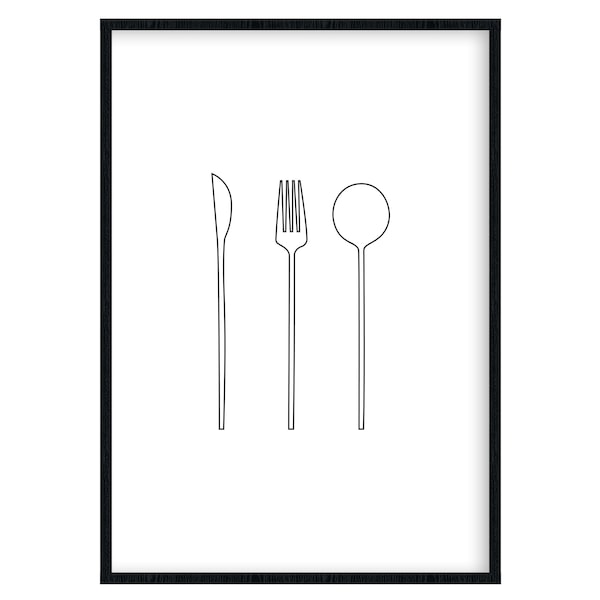 Poster knife, fork, spoon, linear art, kitchen, cutlery, black and white, modern, minimalist, digital print