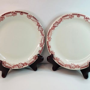 May include: Two white ceramic plates with a burgundy floral design around the rim. The plates are on display stands.