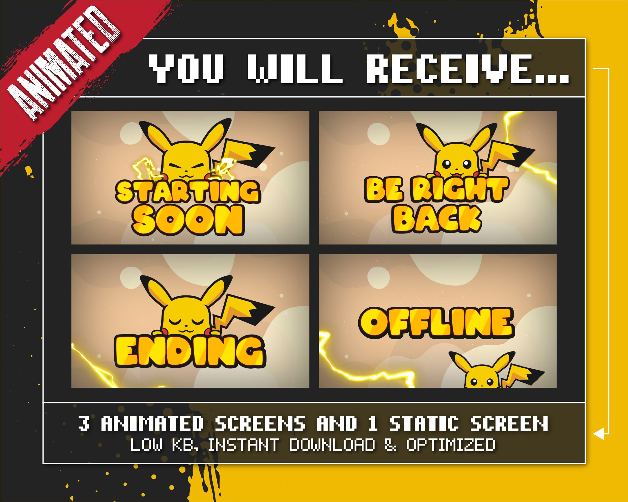 Stream Animated Screens / Cute Pikachu / Twitch Screens / Animated Starting Soon / Stream Ending