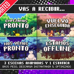 Può includere: Arte digitale animata con quattro scene con personaggi pixelati di un videogioco popolare. Le scene sono ambientate in una foresta con diversi sfondi, tra cui una foresta diurna, una foresta notturna e una foresta al tramonto. Il testo nell'immagine dice "VAS A RECIBIR..."  "EMPEZAMOS PRONTO" "VUELVO ENSEGUIDA" "NOS VEMOS PRONTO" "ESTAMOS OFFLINE" "3 ESCENAS ANIMADAS Y 1 ESTATICA" "BAJO PESO, DESCARGA INSTANTANIA & OPTIMIZADO"