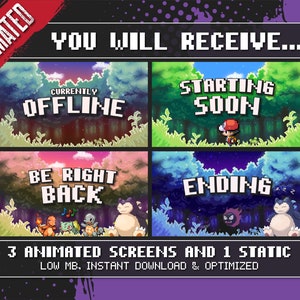 Peut inclure: Écrans de diffusion en continu Twitch animés avec un arrière-plan de forêt pixélisé. Les écrans affichent le texte "Actuellement hors ligne", "Démarrage imminent", "Je reviens tout de suite" et "Fin".