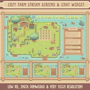 May include: A pixel art illustration of a cozy farm scene with a wooden frame and the text "Starting Soon" and "Live Chat". The farm features a house, trees, flowers, and a river. The chat widget includes instructions for using the chat.
