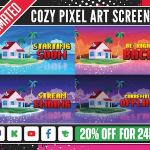 Cozy Pixel Art Animated Screens, Anime overlay , Twitch screens , Animated Starting soon , Be right back, Stream Ending, Stream offline