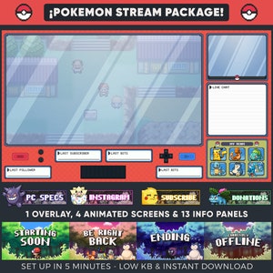 Könnte beinhalten: Ein Pokemon-thematisches Twitch-Stream-Paket mit 1 Overlay, 4 animierten Bildschirmen und 13 Infopanels. Das Paket beinhaltet einen Startbildschirm, einen Bildschirm für die Rückkehr, einen Endbildschirm und einen Bildschirm für den aktuellen Offline-Status. Das Paket ist in 5 Minuten eingerichtet und hat einen geringen KB-Wert und einen sofortigen Download.