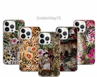 May include: Six different iPhone cases with a leopard print design. The cases feature a variety of colors, including pink, brown, black, and white. The cases also feature a variety of animal prints, including leopard, zebra, and tiger.