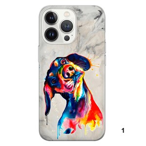 May include: A colorful watercolor painting of a dog on a white marble background. The dog is looking to the side and has a playful expression. The painting is on a phone case.