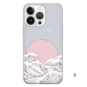 Puede incluir: Una funda transparente para tel&eacute;fono con un dise&ntilde;o rosa y blanco. El dise&ntilde;o presenta un c&iacute;rculo rosa con un patr&oacute;n de ondas blancas debajo. La funda tiene un fondo blanco con un sutil efecto de brillo.