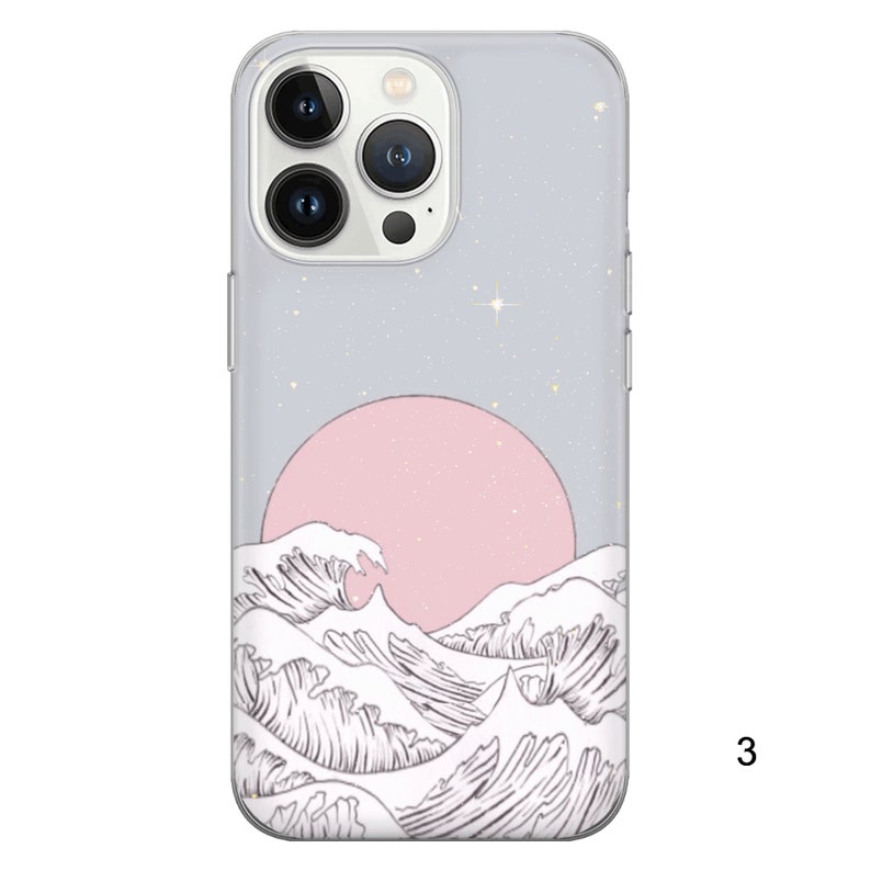 Puede incluir: Una funda transparente para tel&eacute;fono con un dise&ntilde;o rosa y blanco. El dise&ntilde;o presenta un c&iacute;rculo rosa con un patr&oacute;n de ondas blancas debajo. La funda tiene un fondo blanco con un sutil efecto de brillo.
