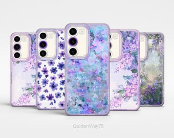 Personalized Pastel Purple Floral Phone Case for Samsung S24 Fe S25 Plus S23 Ultra A15 A56 A55, iPhone 17 Air 15 16 Pro Max 14 Plus 12 13