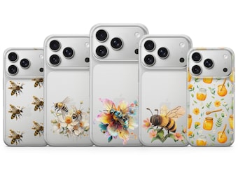 Clear Cottagecore Honey Bee Phone Case, Cute Aesthetic Floral Bumble Bee Cover for iPhone 17e 16 Pro 15 14, Samsung Galaxy S26, Pixel 10a