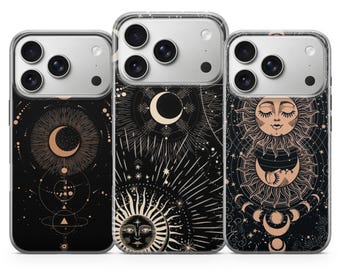 Celestial Sun & Moon Phases Phone Case, Witchy Tarot Aesthetic, Black Gold Matte Print TPU Clear Edge, iPhone 17, Samsung S26 A57 A37, Pixel