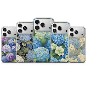 Funda para teléfono con estampado de hortensias, funda floral azul para iPhone 17e, 16 Pro y 15, funda botánica para Samsung Galaxy S26, funda de gel TPU mate, funda Pixel con borde transparente