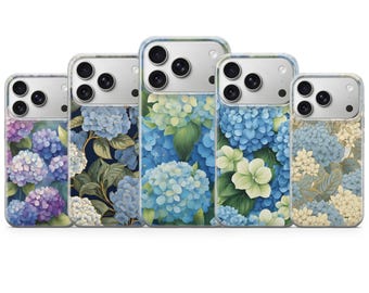 アジサイ柄スマホケース、ブルーフローラルiPhone 17e 16 Pro 15ケース、ボタニカル柄Samsung Galaxy S26ケース、マットTPUジェルカバー、クリアエッジPixelケース