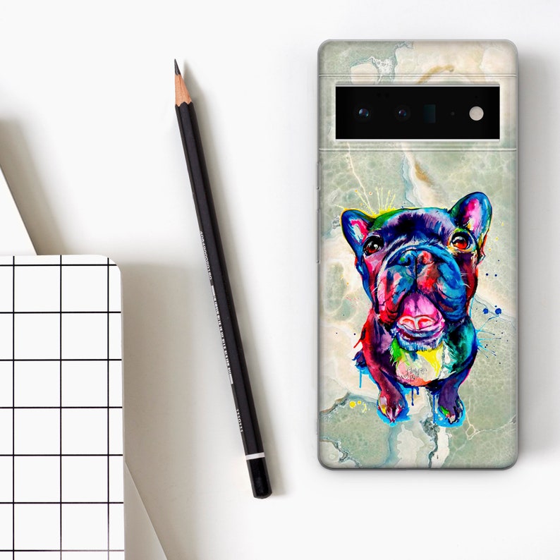 May include: A phone case with a colorful abstract painting of a French bulldog on a marble background.