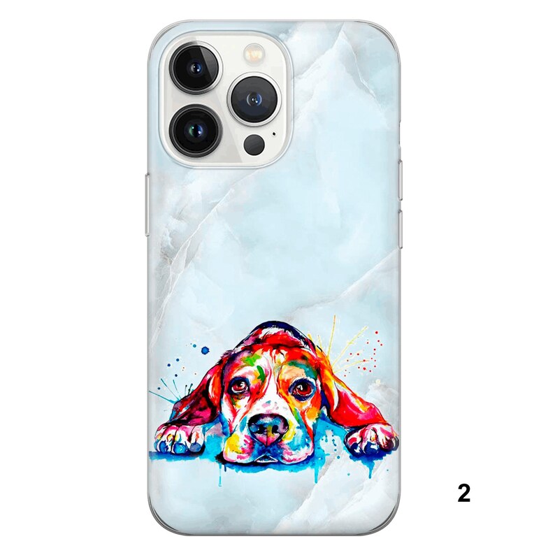 May include: A white phone case with a marble design and a colorful illustration of a dog. The dog is lying down with its head resting on the ground. The dog is painted in shades of red, orange, yellow, green, blue, and purple.